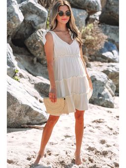 Errabelly - Women Off White Linen Sleeveless Dress