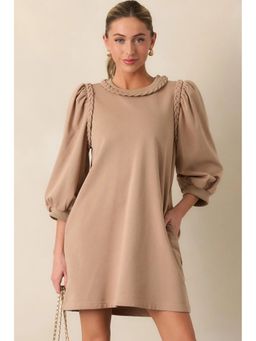 Errabelly - Women Beige Polyester Puff Sleeves Dress