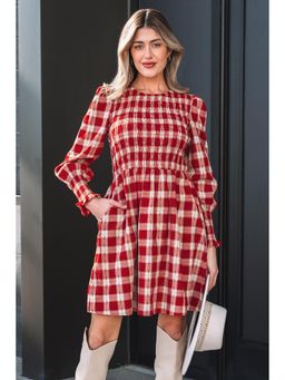 Errabelly - Women Red Cotton Puff Sleeves Dress