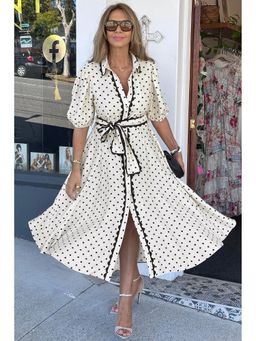 Errabelly - Women White Polyester Half Sleeves Dress with Belt