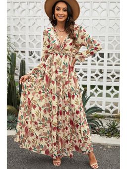 Errabelly - Women Beige Polyester Ruffled Sleeves Dress