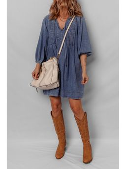 Errabelly - Women Blue Cotton Puff Sleeves Dress