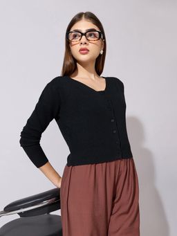 SHOWOFFFF - Women Black Acrylic Full Sleeves Top
