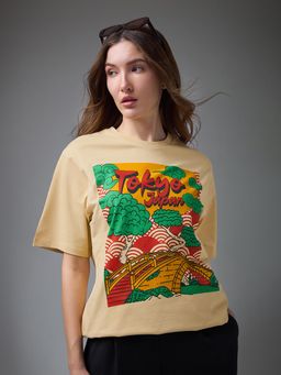 DILLINGER - Women Beige Cotton Half Sleeves T-Shirt