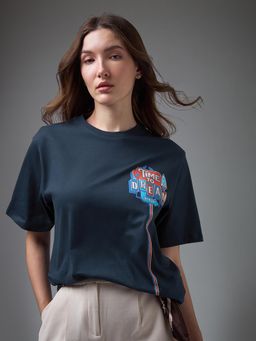 DILLINGER - Women Navy Blue Cotton Half Sleeves T-Shirt