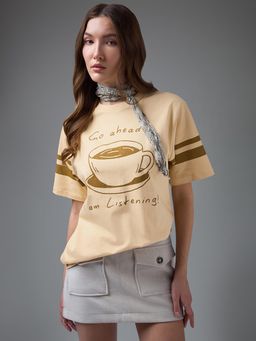 DILLINGER - Women Beige Cotton Half Sleeves T-Shirt