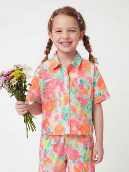 United Colors of Benetton - Boxy Fit Spread Collar Floral Cambric Rose Shirt Multi-Color