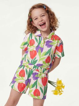 United Colors of Benetton - Cropped Polo Neck Floral T-Shirt Multi-Color