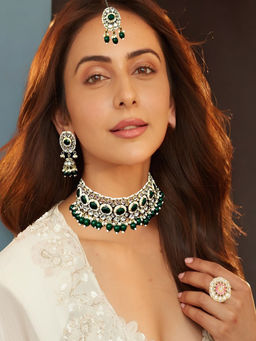 Accessher - Women Green Accessher Gold Plated Kundan Purple Stones Studded Jewellery Set