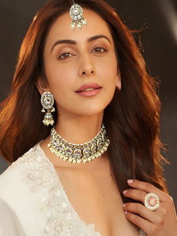 Accessher - Women White Accessher Gold Plated Kundan Purple Stones Studded Jewellery Set