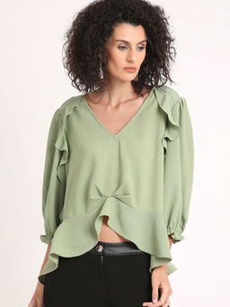 Kazo - Sage Green 3/4Th Sleeve Top With Ruffles On The Front