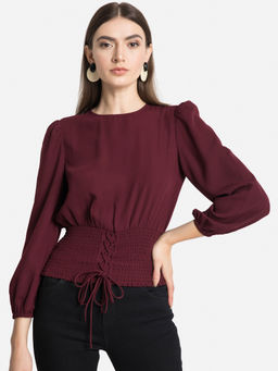 Kazo - Burgundy Balloon Sleeve Corset Top