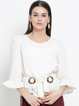 Kazo - Off White Solid Elasticated Belt Top