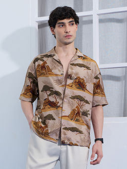 The Souled Store - Men Beige Viscose Blend Casual Shirt