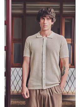 Snitch - Beige Textured Half Sleeves Boxy Shirt