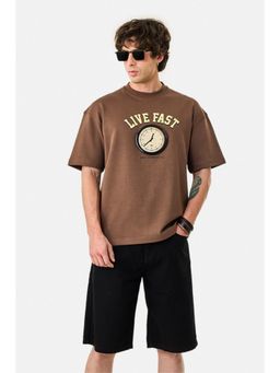 Snitch - Brown Graphic Half Sleeves Oversized T-Shirt