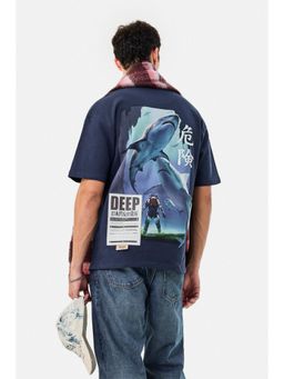 Snitch - Navy Blue Graphic Half Sleeves Oversized T-Shirt