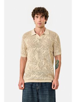 Snitch - Beige Textured Half Sleeves Regular Polo T-Shirt