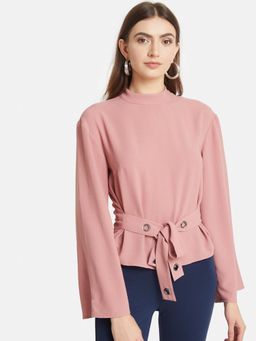 Kazo - Powder Pink Eyelet Belt Flared Sleeve Top