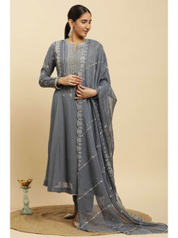 WISHFUL by W - Grey Floral Anarkali Kurta-Straight Pant-Dupatta (Set of 3)