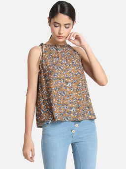 Kazo - Brown Halter Neck Printed Top