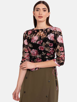 Kazo - Black Stretch Lace Ruched Top