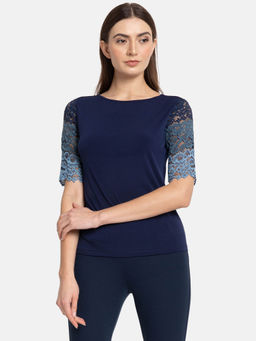 Kazo - Navy Blue Color Block Lace Top