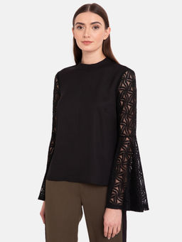 Kazo - Black Wave Lace Bell Sleeve Top