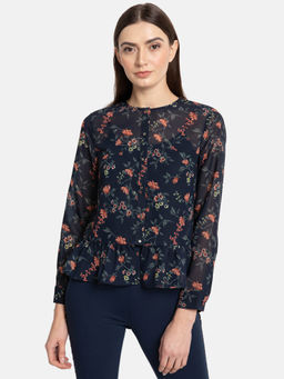 Kazo - Navy Blue Printed Shirt With Gathered Peplum Top