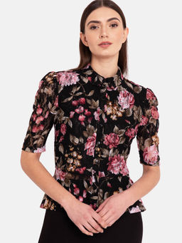 Kazo - Black Combo Stretch Lace Peplum Shirt