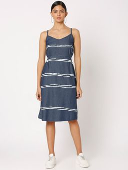 Spykar - Women Mid Blue Cotton Sleeveless Knee Length Printed Dress