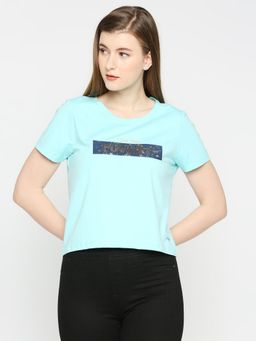 Spykar - Women Sky Blue Spandex Slim Fit Printed Tshirt