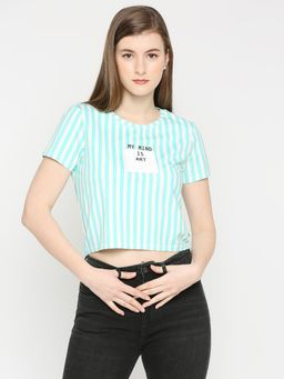 Spykar - Women Sky Blue Blended Slim Fit Printed Crop Top