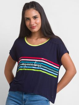 Spykar - Navy Blue Cotton Blend Half Sleeve Printed Casual T-shirt For Women