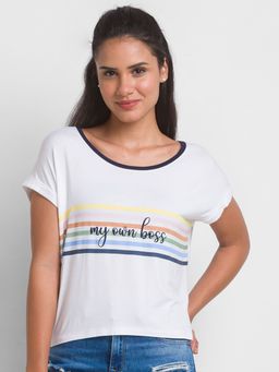 Spykar - White Cotton Blend Half Sleeve Printed Casual T-shirt For Women