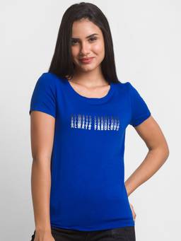 Spykar - Marine Blue Cotton Half Sleeve Printed Casual T-shirt For Women