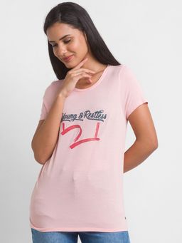 Spykar - Baby Pink Cotton Blend Half Sleeve Printed Casual T-shirt For Women