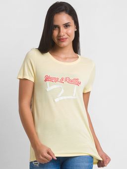 Spykar - Butter Yellow Cotton Blend Half Sleeve Printed Casual T-shirt For Women