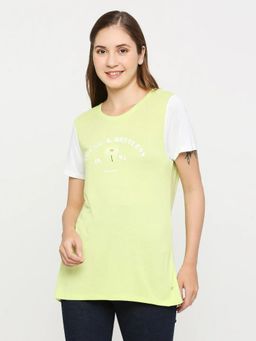 Spykar - Women Pea Green Cotton Regular Fit Round Neck Printed Tshirt