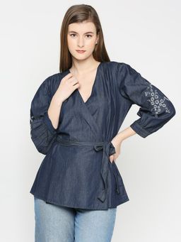 Spykar - Women Dark Blue Slub Regular Fit Casual Top