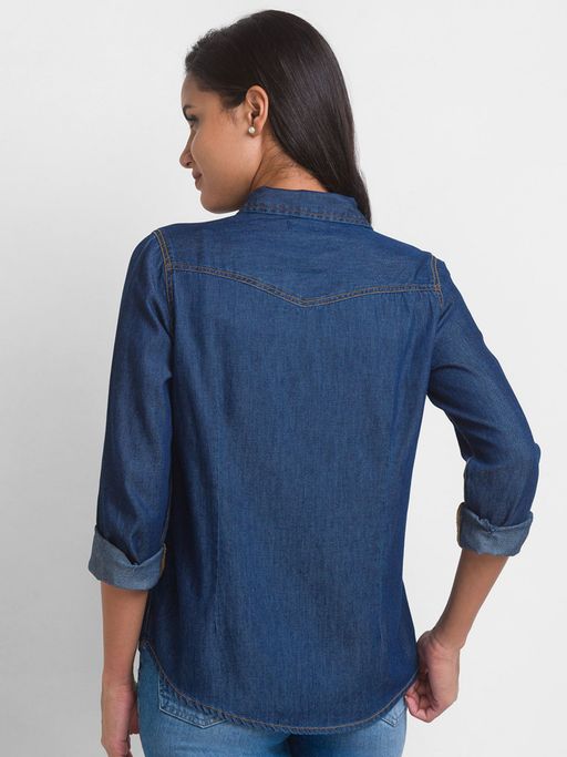 Buy Spykar Mid Blue Cotton Full Sleeve Denim Shirt For Women Online