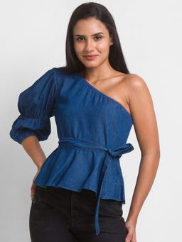 Spykar - Mid Blue Cotton Three-fourth Sleeve Denim Top For Women