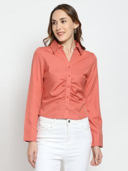 Spykar - Peach Poly Satin Full Sleeve Plain Shirt For Women