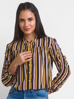 Spykar - Mustard Multi Stripe Cotton Three-fourth Sleeve Stripes Shirt For Women