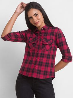Spykar - Red Cotton Full Sleeve Checks Shirt For Women