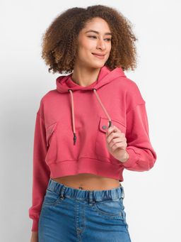 Spykar - Sugar Rose Cotton Blend Full Sleeve Hooded Sweatshirt For Women