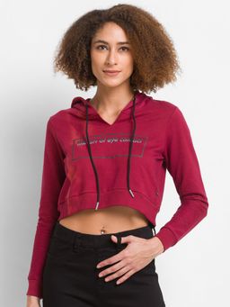 Spykar - Wine Cotton Blend Full Sleeve Hooded Sweatshirt For Women