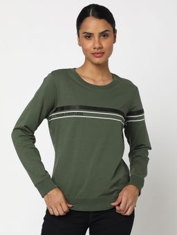 Spykar - Olive Green Cotton Blend Full Sleeve Round Neck Sweatshirt For Women