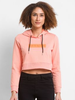 Spykar - Peach Cotton Blend Full Sleeve Hooded Sweatshirt For Women