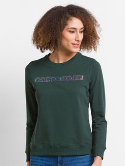 Spykar - Bottle Green Cotton Blend Full Sleeve Round Neck Sweatshirt For Women